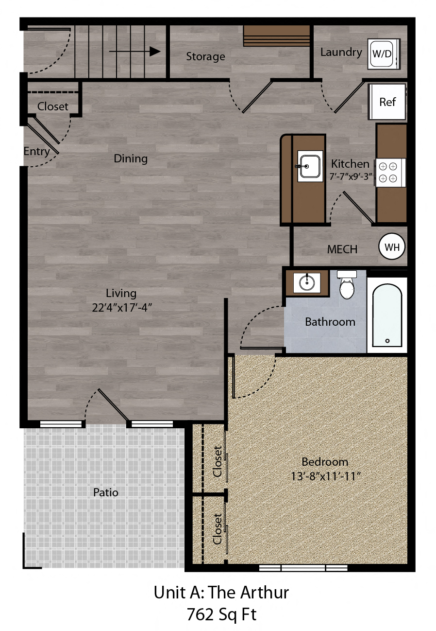Floor plan for 1 bed, 1 bath, 762 sqft